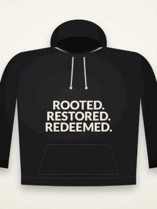 Hoodie Rooted Restored Redeemed Black mockup